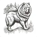 chow chow dog with forest and time background black tattoo design idea