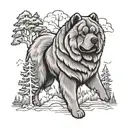 chow chow dog with forest and time background black tattoo design idea