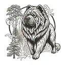 chow chow dog with forest and time background black tattoo design idea