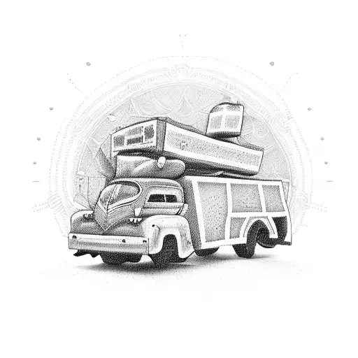 Design a tattoo featuring a truck driving through the streets of Rostock with musical notes and gaming symbols scattered around tattoo design idea