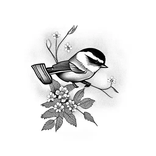 blackcapped chickadee with forget-me nots tattoo design idea