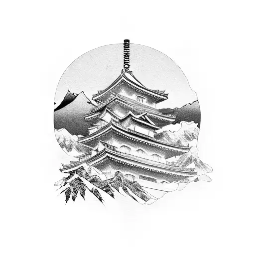 mountain and Japanese style tattoo design idea