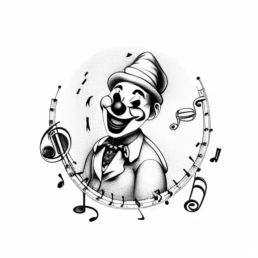 A clown with a happy/sad face surrounded by musical notes and instruments, reflecting the client's love for music tattoo design idea