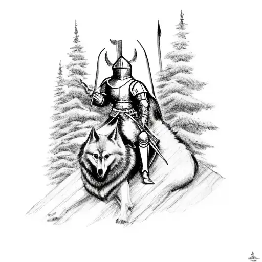 medieval Knight with wolf pack surrounded by trees with castle in the back ground to go on forearm tattoo design idea