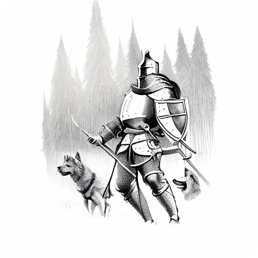 medieval Knight with wolves in a forest with castle in the back ground tattoo design idea