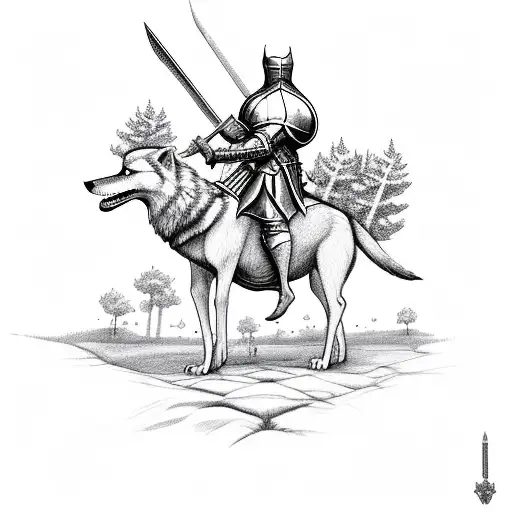 medieval Knight with wolf pack surrounded by trees with castle in the back ground tattoo design idea