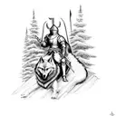 medieval Knight with wolf pack surrounded by trees with castle in the back ground to go on forearm tattoo design idea