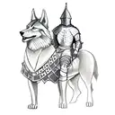 medieval Knight with wolf pack surrounded by trees with castle in the back ground to go on forearm tattoo design idea
