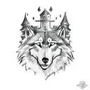 medieval Knight with wolf pack surrounded by trees with castle in the back ground to go on forearm tattoo design idea