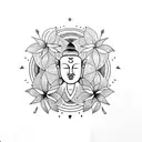 Upper arm tattoo with a buddha surrounded by delicous monster leaves and hibuscus flowers with a flower of life pattern tattoo design idea