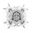 Upper arm tattoo with a buddha surrounded by delicous monster leaves and hibuscus flowers with a flower of life pattern tattoo design idea