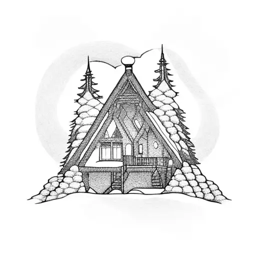A blackwork tattoo of a cozy cabin nestled among towering mountains, embodying your love for home and the outdoors tattoo design idea