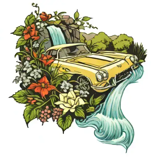 flower garden with a run down vintage semi overgrown corvette in it with a stream/ waterfall flowing through it  tattoo design idea