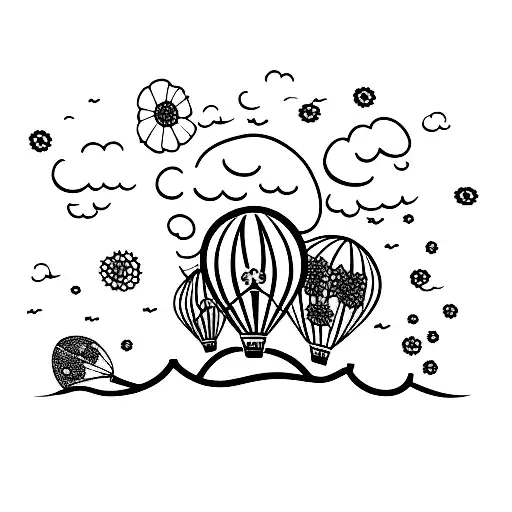 Hot air balloon flying over a field of blooming flowers tattoo design idea