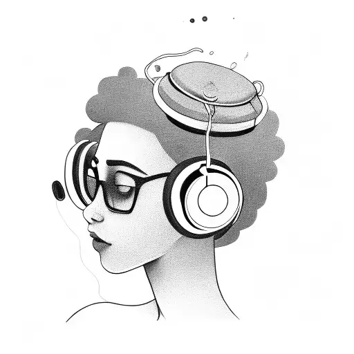 A tattoo of a girl wearing headphones, drumming on a clock-shaped drum set tattoo design idea