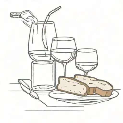 A table with a glass of wine and a piece of bread on top. tattoo design idea