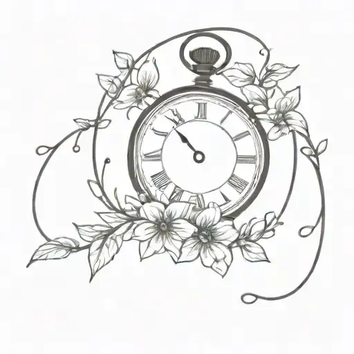 A minimalist thin black line drawing of a vintage pocket watch with delicate floral vines wrapped around it tattoo design idea