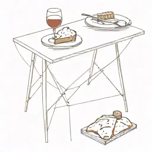 Table with a glass of wine and a piece of bread on top, in dimetric perspective, where the legs of the table can also be tattoo design idea