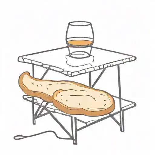 Minimalist thin black lines of a table with a glass of wine and a piece of bread on top. tattoo design idea