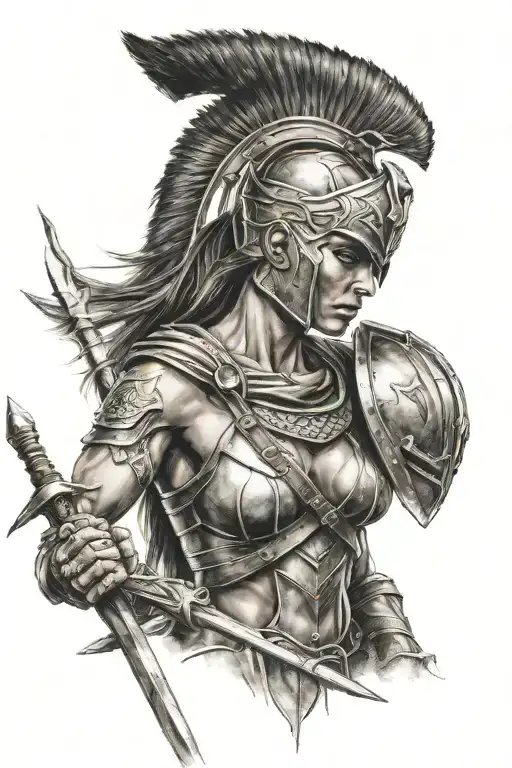 beautiful female spartan worrior holding a spear as tall as her with a beautiful feminine face tattoo design idea