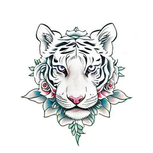 a full body white tiger with roses tattoo design idea