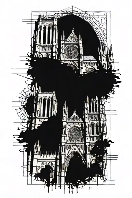 The cathedral in the Gothic style with shadows and lines of the facade goes down, take Notre Dame Cathedral as a basis tattoo design idea