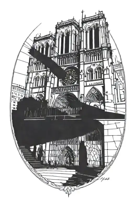 The cathedral in the Gothic style with shadows and lines of the facade goes down, take Notre Dame Cathedral as a basis tattoo design idea