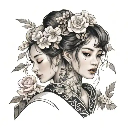 cute  woman with a wearing a kimono and beautiful floral accessories zoom in  face tattoo design idea