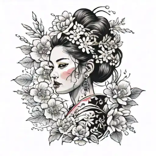 woman with a wearing a kimono and beautiful floral accessories zoom in  face tattoo design idea