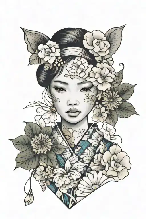 cute  woman with a wearing a kimono and beautiful floral accessories zoom in  face tattoo design idea