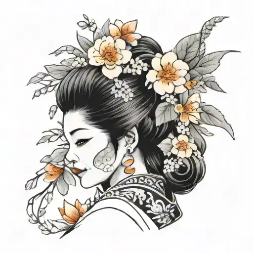 woman with a wearing a kimono and beautiful floral accessories zoom in  face tattoo design idea