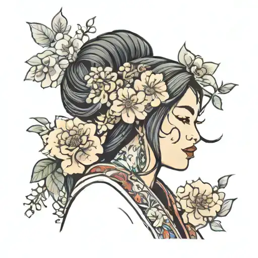 woman with a wearing a kimono and beautiful floral accessories zoomin  face tattoo design idea