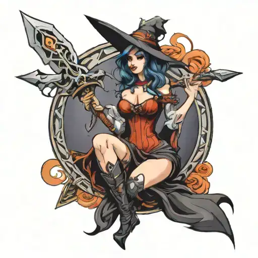 beautiful witch with templar sword tattoo design idea