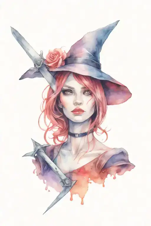 beautiful witch with templar sword tattoo design idea