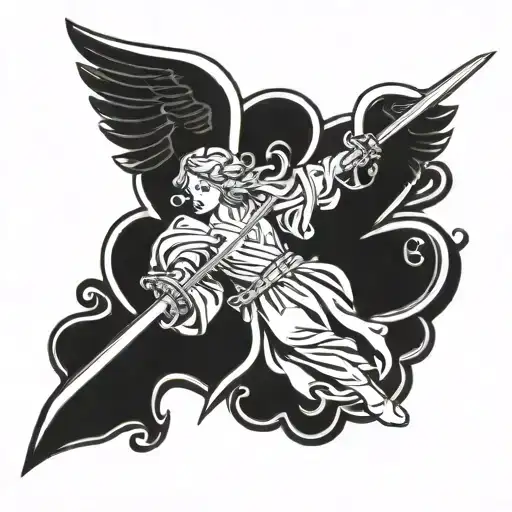 arch angel holding a sword with welsh love spoon as handle  tattoo design idea