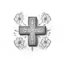 thick wooden cross with wildflowers tattoo design idea