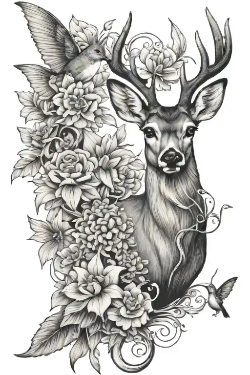 deer, flowers, humming bird, fish hook tattoo design idea