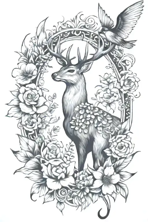 deer, flowers, fish hook, humming bird, tattoo design idea
