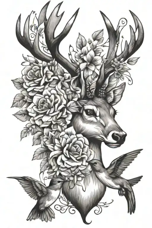 deer, hummingbird, fishing hook, flower tattoo design idea