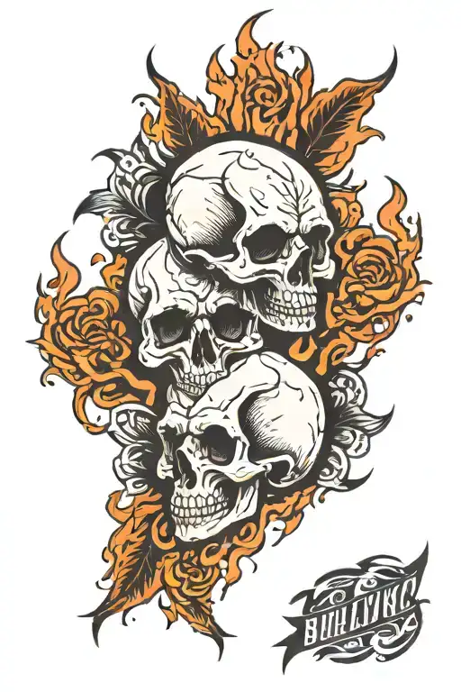 two skulls on top each other on fire flames tattoo design idea