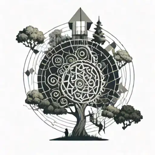 tree with a spiral staircase and light on top tattoo design idea