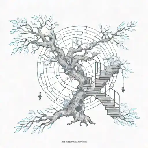 tree with a spiral staircase and astral design tattoo design idea