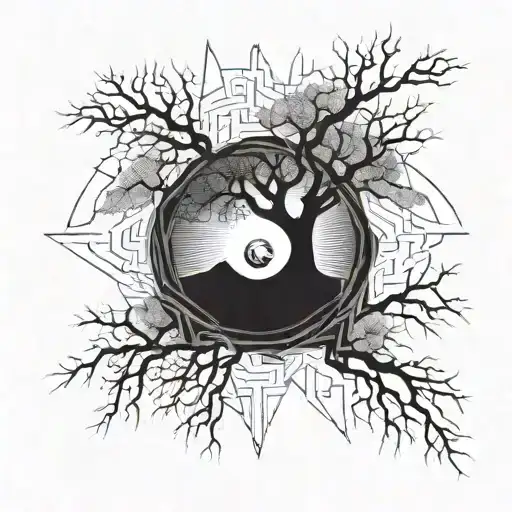black hole with a tree being sucked it and warped tattoo design idea