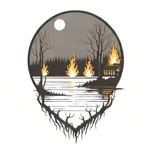 lake with trees on fire tattoo design idea