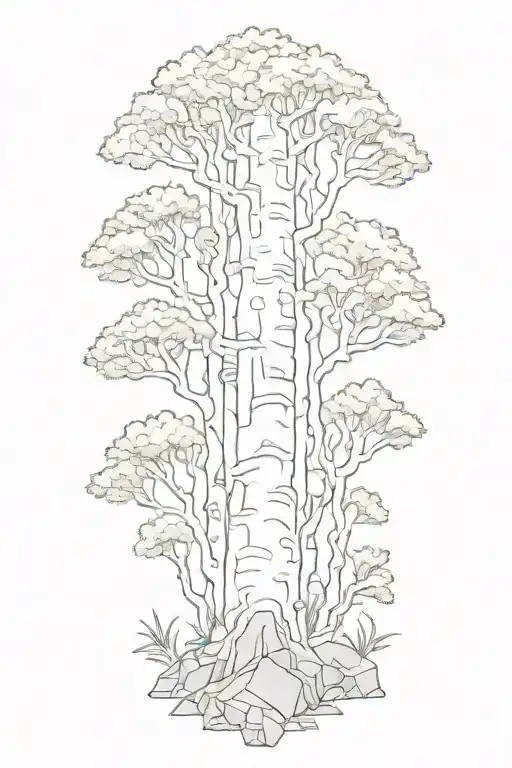 white birch tree sun rays white quartz rocks  tattoo design idea