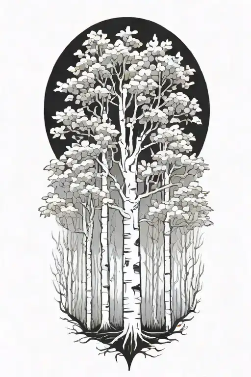 white birch and maple trees on fire tattoo design idea