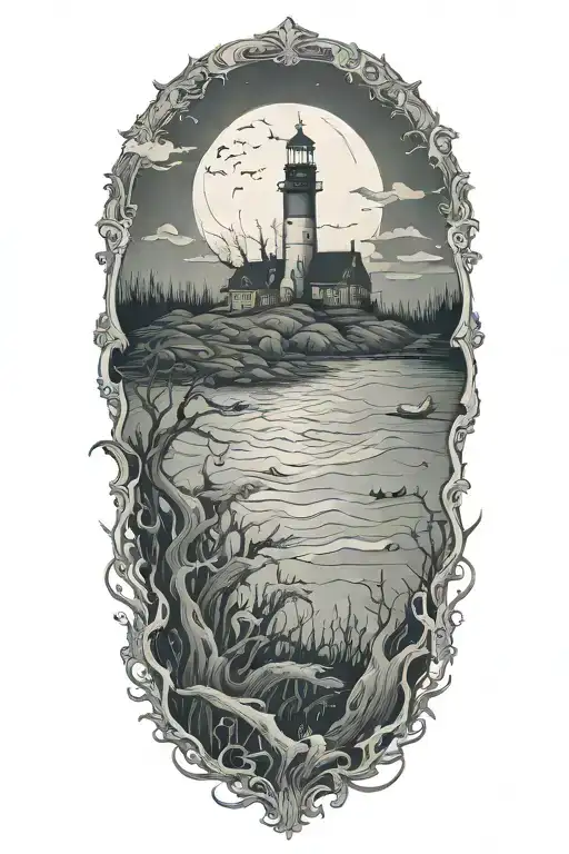 new England ocean creepy night tattoo design idea