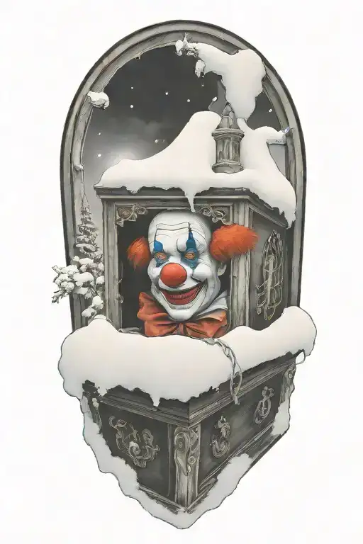 clown peaking out of a casket in a church with snow through windows  tattoo design idea