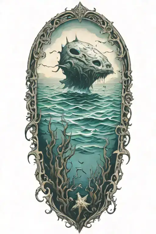 ocean depths sea creature in distance tattoo design idea