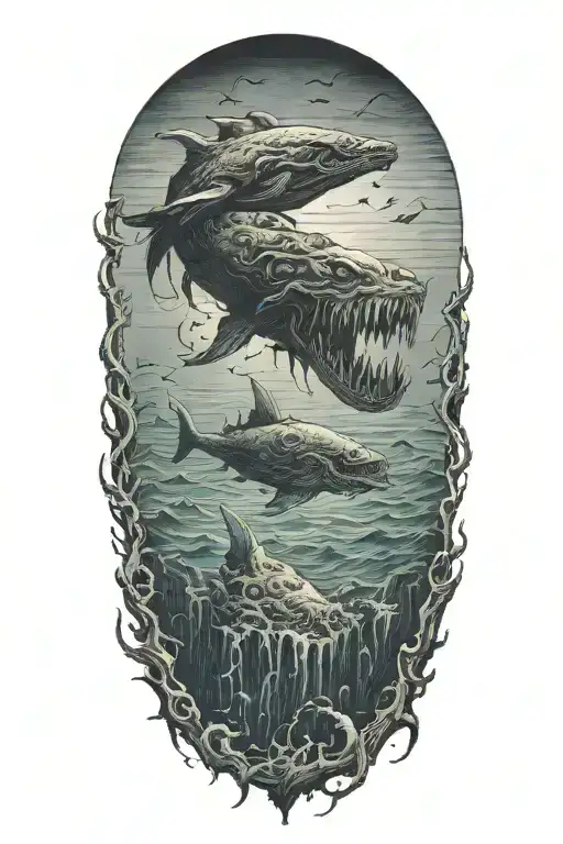 ocean depths sea creature in distance tattoo design idea